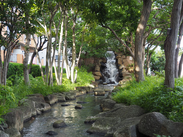 菅原橋交差点の起点で大杉浄水場から引かれたきれいな水が滝となって流れが始まります/小松川境川親水公園（東京都／江戸川区）