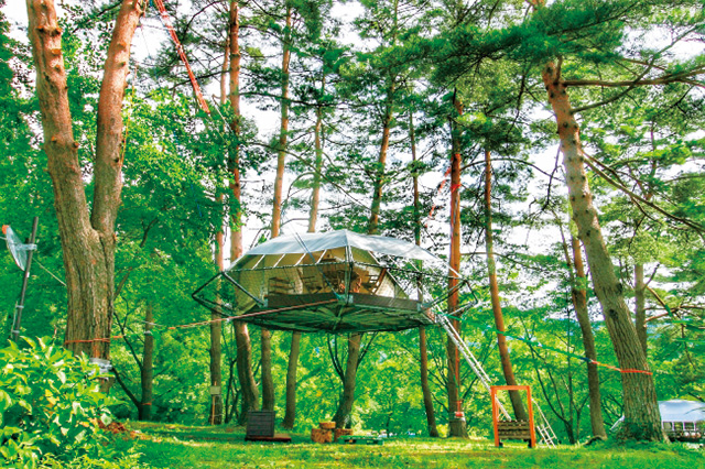 空中に浮かぶツリーハウスのようなテント/Dom’Up Camp Village 沼沢湖（福島県/大沼郡）