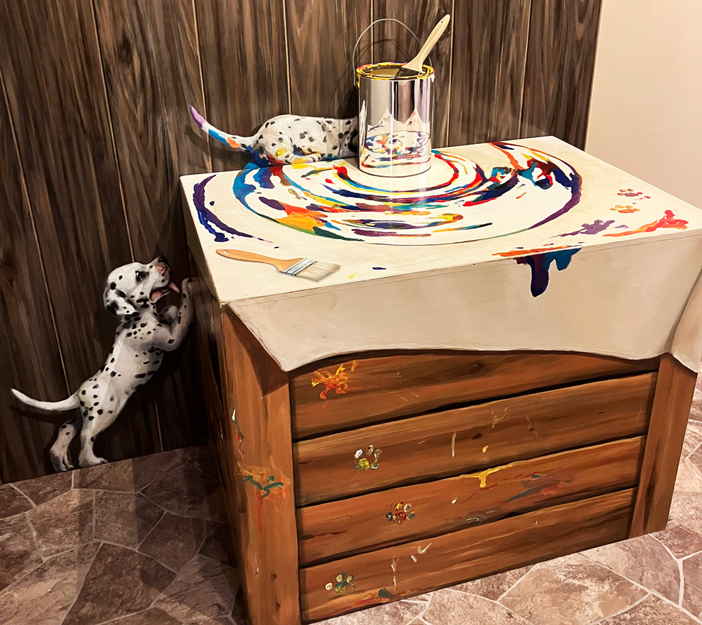 【3】「ダルメシアンのいたずら」。この作品、いったいどうなっているのでしょう？ 真ん中のペンキをよ～く見てみましょう/東京トリックアート迷宮館（港区）