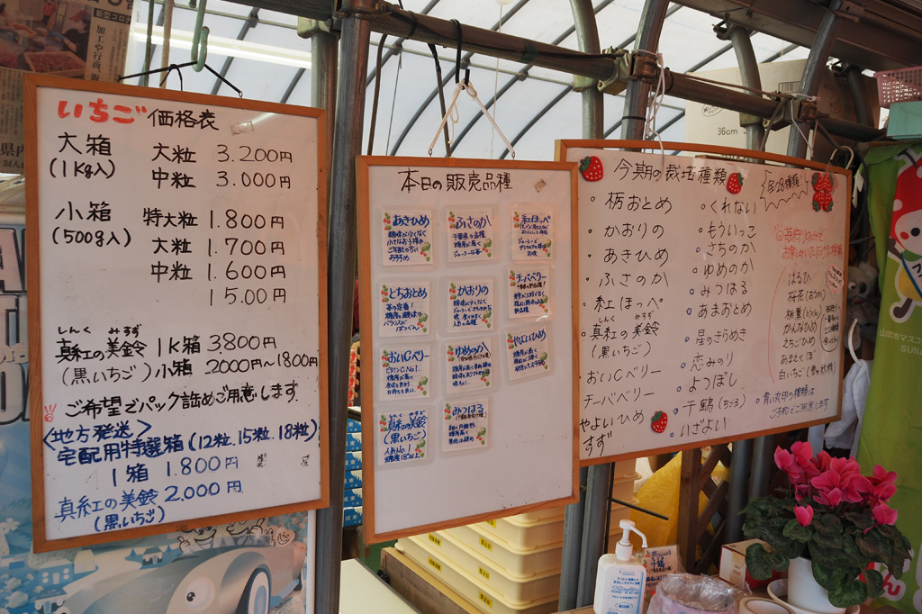 ホワイトボードに掲出された、本日の販売品種/相葉苺園(千葉県/山武市)