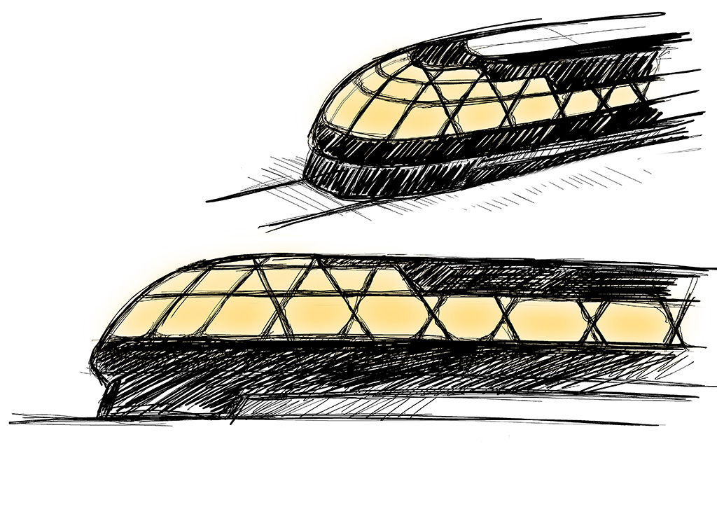 「スペーシア Ｘ」の初期のデザインスケッチ。（東武鉄道提供）