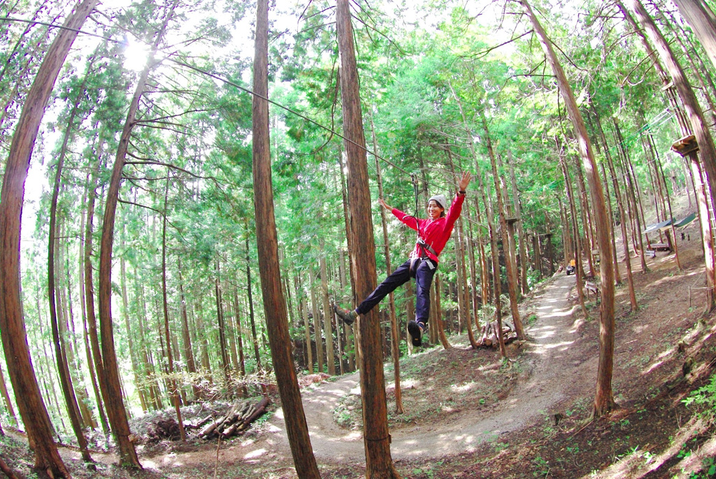 森林の中を滑り下りるジップスライド／フォレストアドベンチャー奥神鍋（兵庫県／豊岡市）