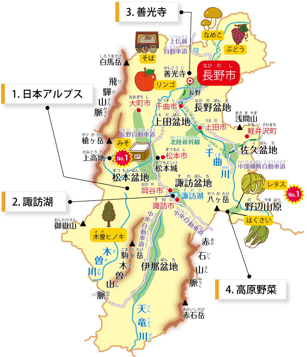 長野県の特徴が学べるイラストマップ