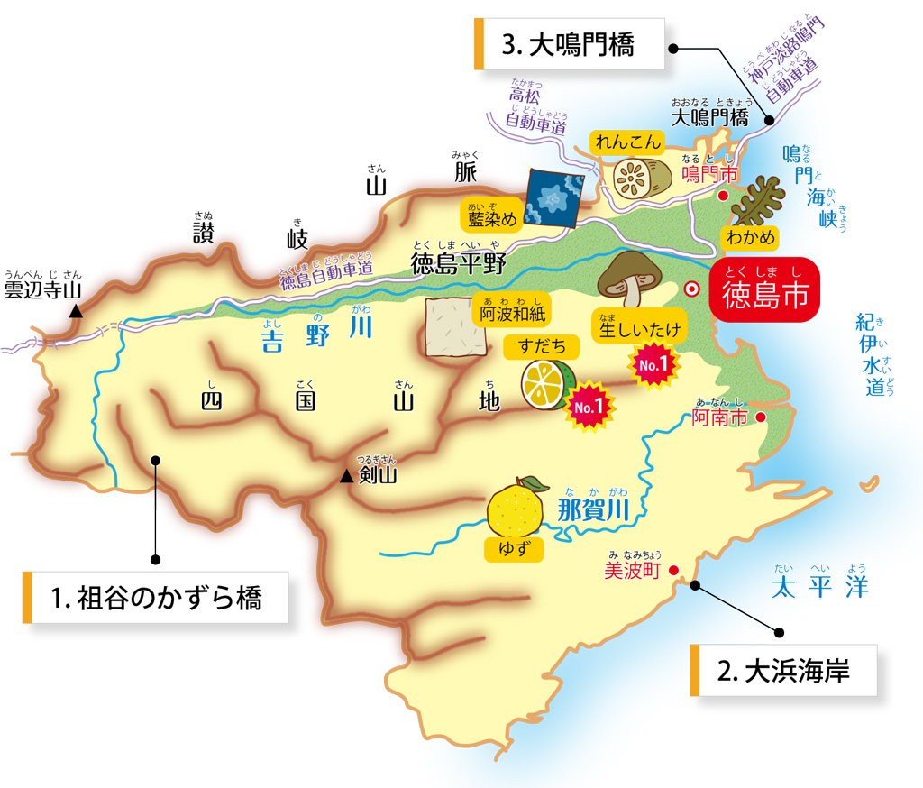 徳島県の特徴が学べるイラストマップ