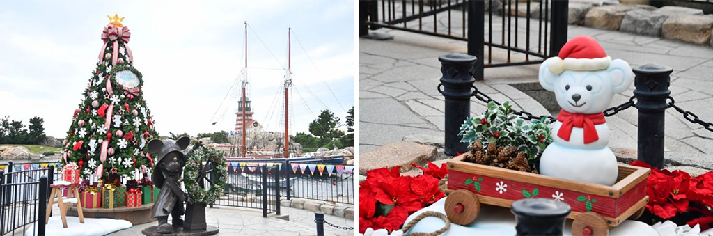 クリスマスツリー（左）ダッフィー型の雪だるま（右）/東京ディズニーシーのクリスマス（千葉県/舞浜市）