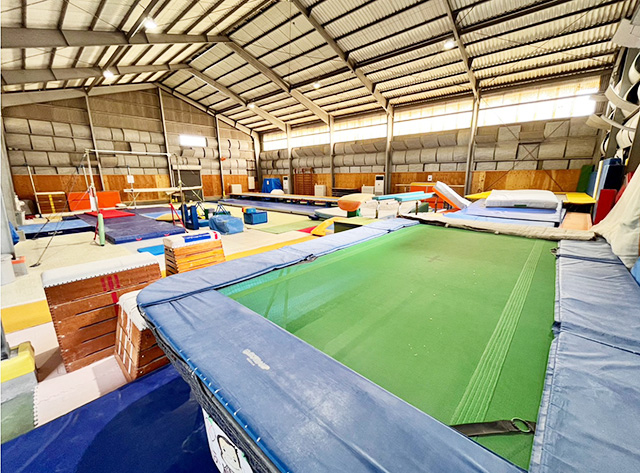 安全に運動の練習ができるエアーマットや学校と同じ跳び箱などがある/おさるアリーナ