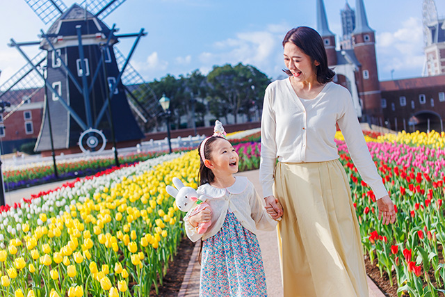フラワーロードの風車とチューリップ/ハウステンボス(長崎県/佐世保市)