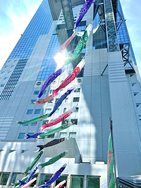 梅田スカイビルの谷間を泳ぐ鯉のぼり（大阪府/大阪市）