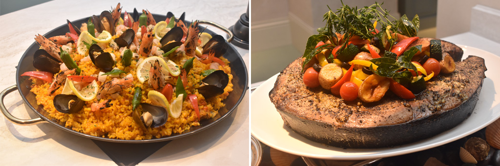 「シーフードのパエリア」と「マグロのロースト プロヴァンス風」/ファンタジーシャトー