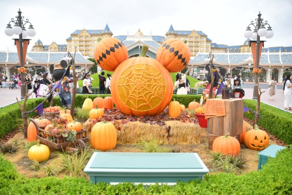 ミッキー花壇の裏手にはカボチャとカカシのかわいいデコレーション│「ディズニー・ハロウィーン」/東京ディズニーランド（千葉県/浦安市）