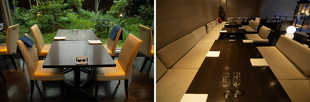 窓辺のダイニング（左）、ソファ席のアッパーラウンジ（右）/品川プリンスホテル 「LUXE DINING HAPUNA」（東京都/港区）