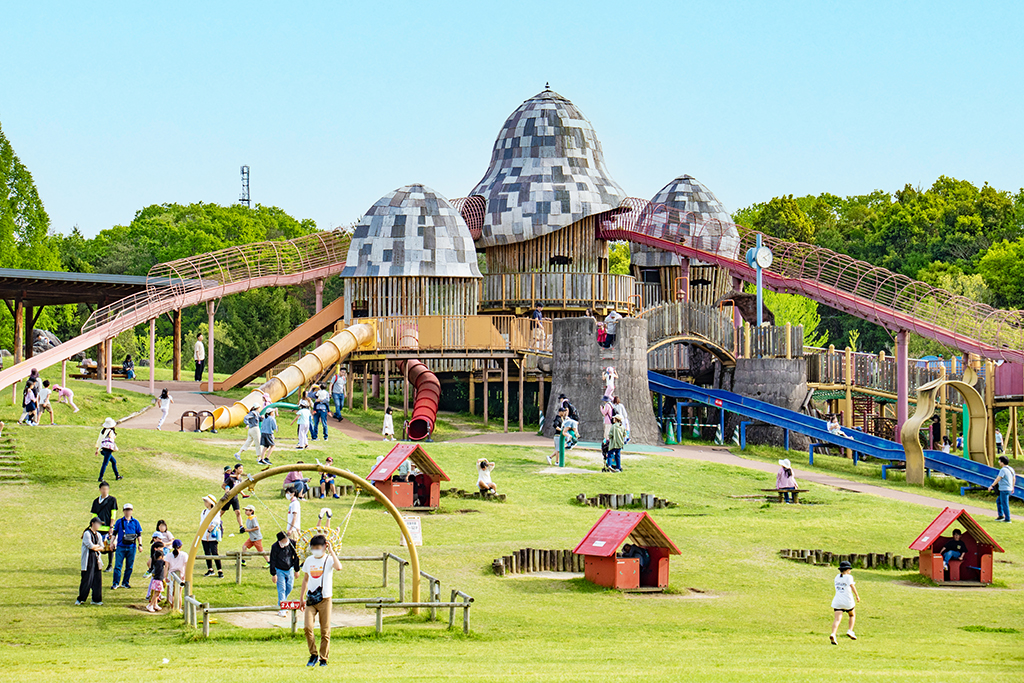 大芝生広場の「大型複合遊具 きゅうの丘」と「ビックリシャワー」/国営備北丘陵公園（庄原市）