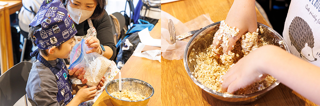 親子で味噌づくりの様子/「食べて学んでおうちで観察 みそづくり体験教室 るるぶKids体験便」