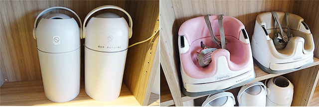 「キッズアメニティバー」にあるオムツ用ゴミ箱やベビーチェアなど/ホテル三日月 龍宮亭(千葉県/木更津市)