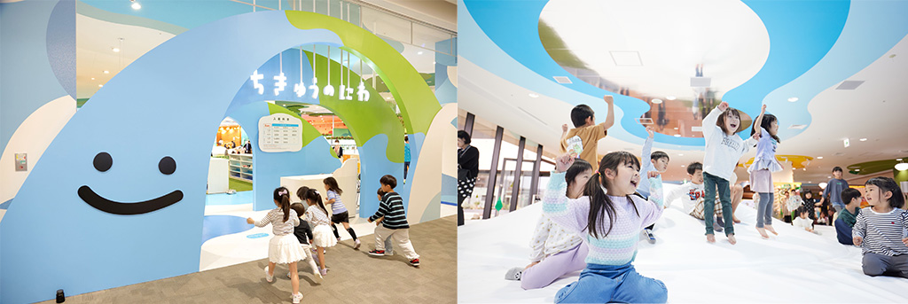 エントランスと大きなふわふわのドーム│ちきゅうのにわ 白山店/イオンモール白山(石川県/白山市)