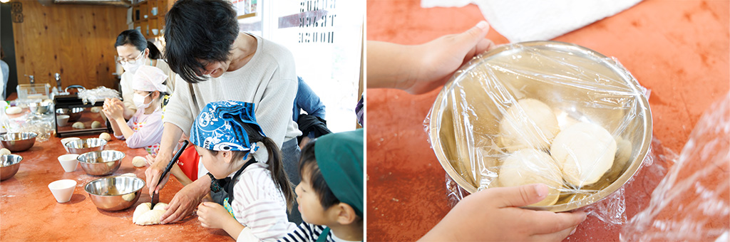 スケッパーやフライ返しなどを使って、三等分にカット/ベーグルづくりワークショップ