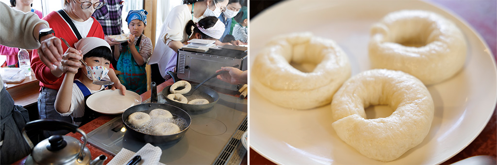 沸騰させたお湯の中に生地を入れる様子/ベーグルづくりワークショップ