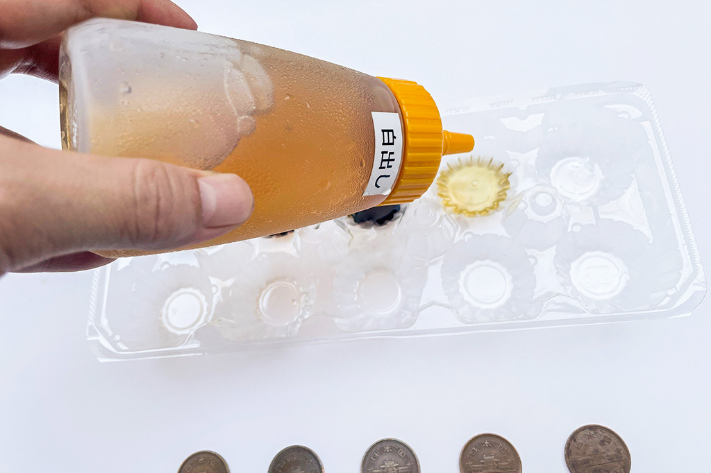 手順2：卵のパックに調味料を入れる│【自由研究】10円玉が一番ピカピカになる調味料は？