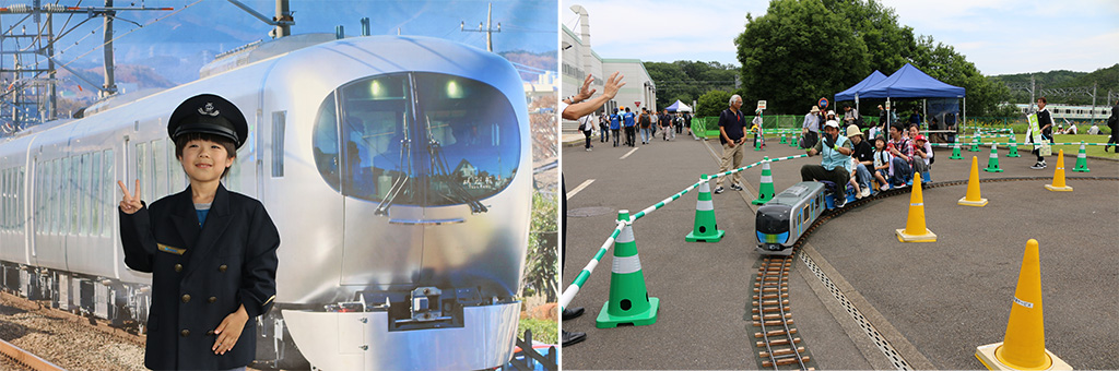 子ども用制服を着て記念撮影(左)ミニ電車(右)/品プリ 夏休み 鉄道博覧会(東京都/港区)