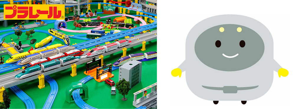プラレールが走るジオラマ(左)西武鉄道のマスコットらびゅーくん(右)/品プリ 夏休み 鉄道博覧会(東京都/港区)