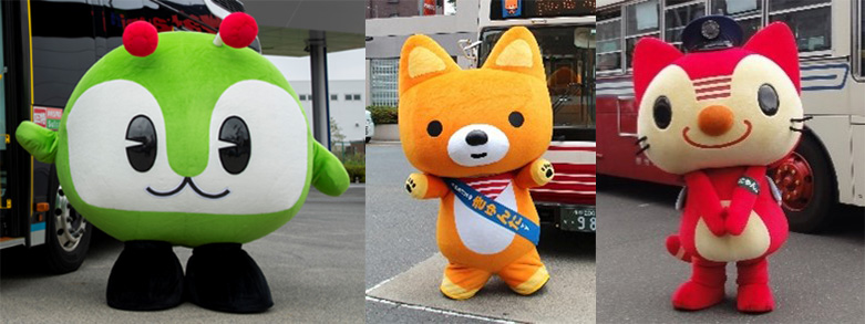 左から「みんくる」「きゅんた」「かんにゃん。」/バスまつり2025 in大井競馬場（東京都/品川区）