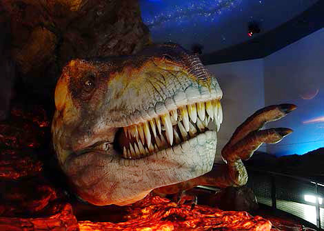 溶岩流から顔を出すティラノサウルス/なるさわ富士山博物館（山梨県/鳴沢村）