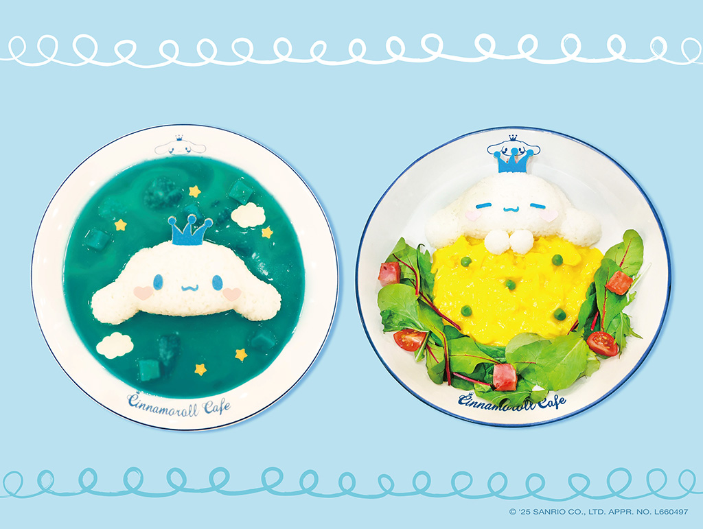 「シナモロールの遠いお空のブルーカレー」（写真左）、「シナモロールのおやすみオムライス」（写真右）/シナモロール カフェ（新宿）